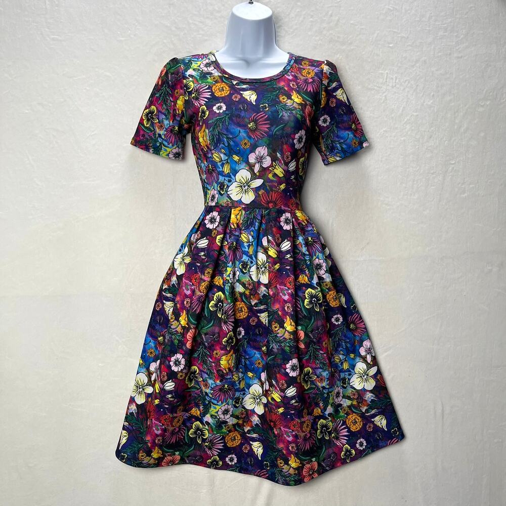 LuLaRoe Amelia Unicorn Floral Alice in Wonderland Stretch Dress, Size Small